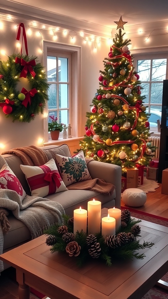 A cozy Christmas living room with a decorated tree, fairy lights, and festive decor.
